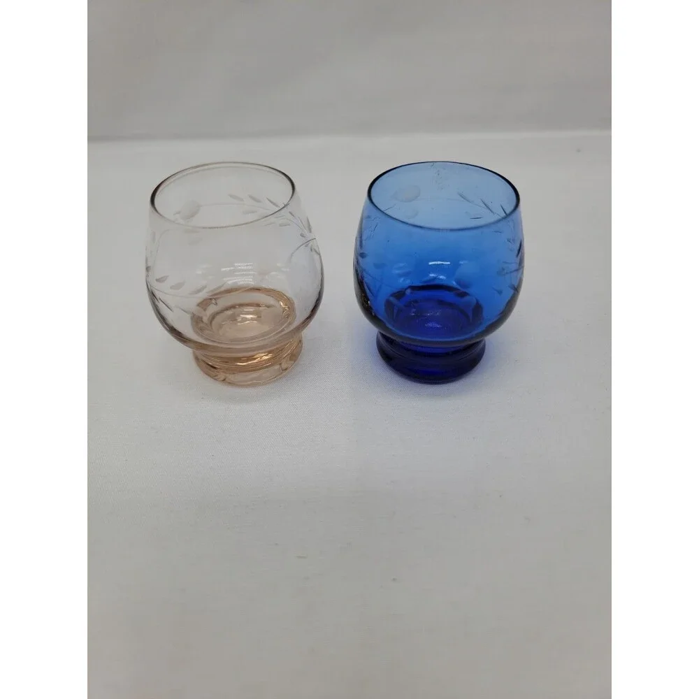 2 Vintage Multi Colored Etched Shot Saki Cordial Glasses Japan